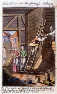 Artigianato: il produttore di biacca nella sua bottega. In "Descrizione completa delle arti e dei mestieri e delle botteghe per i giovani" di Johan Peter Vue. Ed. Norimberga, Weigel e c