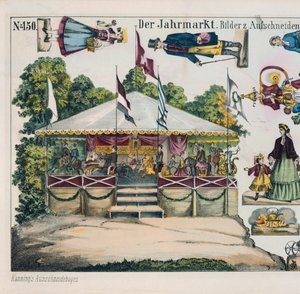 Foglio ritagliabile con giostra di luna park, 1860