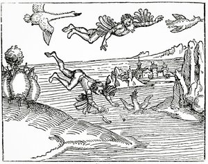 Dedalo, fuggendo da Creta con suo figlio Icaro, lo vede cadere verso la morte, 1493 da German School