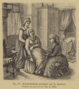 Parto con la madre seduta su una sedia da parto, XVI secolo da German School