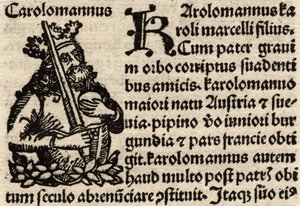 (dettaglio) da una foglia incunabula originale, raffigurante Carlo Magno pre-1500 da German School