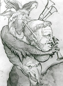 Diavolo che suona la testa di un uomo come una cornamusa, 1144 da German School