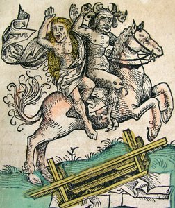 Diavolo e una donna a cavallo, pubblicato nella Cronaca di Norimberga, 1493 da German School