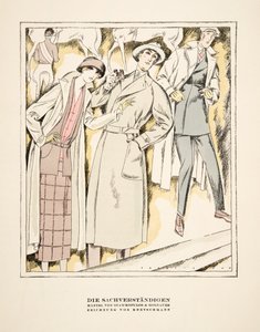 "Die Sachverständigen", pubblicità per i cappotti di Stawropulos  Moldauer, da Styl, pub.1922 (stampa a pochoir) da German School