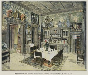 Sala da pranzo di un ricco industriale renano, prodotta dalla fabbrica di mobili A Bembe a Magonza, Germania