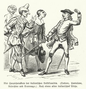 Dottore, Pantalone, Arlecchino e Scaramuccia, quattro personaggi della Commedia dell