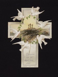 Colombe che portano una corona sopra le tre croci sulla collina del Calvario, biglietto di auguri cristiano da German School