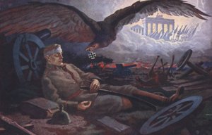 Aquila che consegna la Croce di Ferro a un soldato tedesco caduto sul campo di battaglia (litografia a colori) da German School