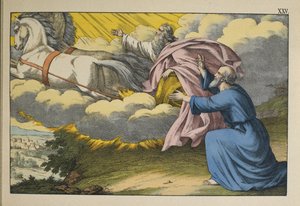 Elia ascende al cielo in un turbine lasciando il suo discepolo Eliseo a continuare il suo lavoro, illustrazione da L