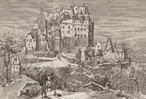 Castello di Eltz, nelle colline sopra il fiume Mosella, Germania, come appariva alla fine del XVI secolo da German School