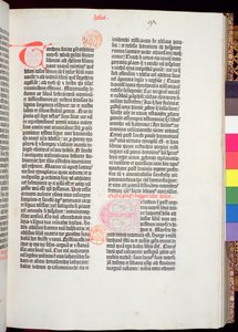 Fine del Pentateuco e inizio del Libro di Giosuè, dalla Bibbia di Gutenberg, stampata da Johannes Gutenberg (c.1400-68) e Peter Schoeffer (1425-1502) a Magonza, 1454-56