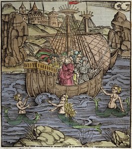 Eneide di Virgilio (70 a.C.-19 a.C.), gli eroi troiani Enea e i suoi compagni attraversano un mare pieno di sirene. Xilografia di Sebastian Brant (1458-1521). Strasburgo da German School