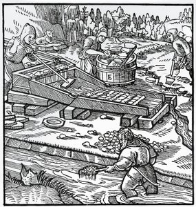 Incisione da De re metallica (Sulla natura dei metalli), di Georg Pawer o Georgius Agricola (1494-1555)