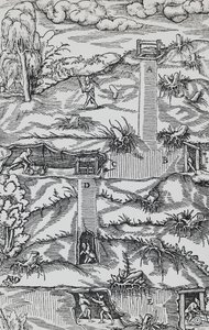 Incisione da De re metallica (Sulla natura dei metalli), di Georg Pawer o Georgius Agricola (1494-1555), pubblicato a Basilea
