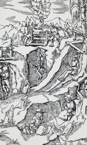 Incisione da De re metallica, di Georg Pawer o Georgius Agricola, pubblicato a Basilea