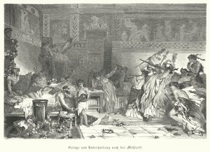 Intrattenimento dopo il pasto a un banchetto romano (incisione)