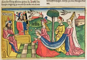 Ester è scelta come regina dal re persiano Assuero, dalla Bibbia di Norimberga (Biblia Sacra Germanaica) da German School