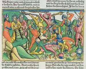 Esodo 17:8-15 Aronne e Hur sostengono le mani di Mosè per garantire la vittoria degli Israeliti sugli Amaleciti, dalla Bibbia di Norimberga (Biblia Sacra Germanaica)