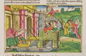 Mosè viene messo a galleggiare sul Nilo e scoperto da una delle mogli del faraone, dalla Bibbia di Norimberga (Biblia Sacra Germanaica) da German School
