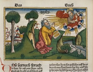 Esodo 34:1-10 Mosè riceve le seconde tavole con i Dieci Comandamenti, dalla Bibbia di Norimberga (Biblia Sacra Germanaica) da German School