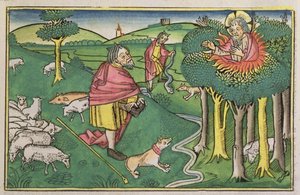 Esodo 3:1-22 Il roveto ardente, ed Esodo 4:1-4 Dio arma Mosè con il bastone miracoloso, dalla Bibbia di Norimberga (Biblia Sacra Germanaica)
