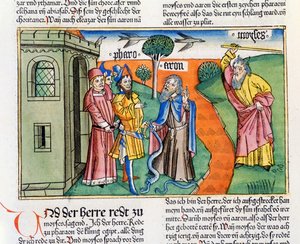 Esodo 7:8-25 Il bastone di Aronne in forma di serpente inghiotte i serpenti dei saggi e stregoni del Faraone, e Mosè trasforma le acque del Nilo in sangue, dalla Bibbia di Norimberga (Biblia Sacra Germanaica)