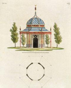 Esterno di un Tempio del Giardino Cinese, da Recent New Ideas for the Garden, pubblicato 1779 da German School