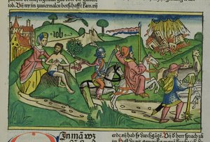 Facsimile di Giobbe: Frontespizio, Giobbe rimproverato dalla moglie, la sua casa e la sua famiglia distrutte da un uragano e il suo bestiame rubato, dalla Bibbia di Norimberga (Biblia Sacra Germanaica)