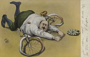 Uomo grasso, caduto dalla sua bicicletta (litografia a colori) da German School