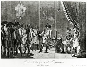 Federico il Grande riceve suo cognato, Federico, Margravio di Brandeburgo-Bayreuth come massone a Berlino nel 1740 da German School