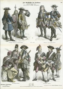 Uniformi militari francesi e austriache, inizio XVIII secolo da German School