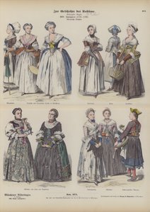 Costumi borghesi francesi e tedeschi, fine XVIII secolo (incisione colorata) da German School