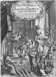 Frontespizio, illustrazione da Cryptographia, oder geheime Schrifften di Johann Balthasar Friderici, inciso da Johan Friedlein (17° secolo) pubblicata ad Amburgo, 1685 da German School
