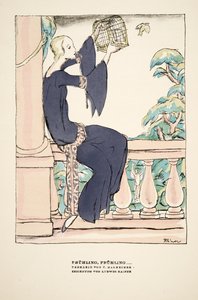 "Frühling, Frühling", pubblicità per il vestito da tè di V. Manheimer, da Styl, pub.1922 (stampa a pochoir)