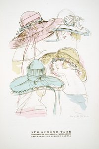 "Fur Schone Tage", pubblicità per i cappelli estivi di Regina Friedlander, da Styl, pub.1922 (stampa a pochoir)