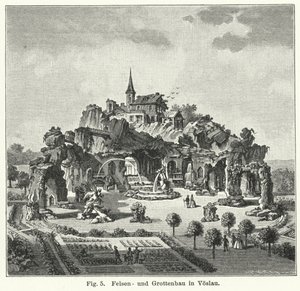 Progettazione del giardino: montagna della grotta nel giardino del conte Johann von Fries, Voslau, Austria da German School
