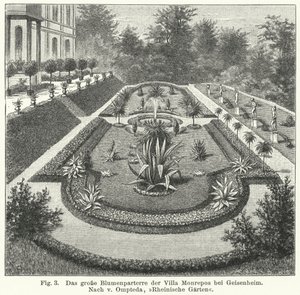 Progettazione del giardino: grande parterre a Monrepos, tenuta del banchiere e astronomo dilettante Heinrich Eduard von Lade, Geisenheim, Germania (incisione) da German School