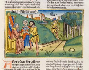 Genesi 27:6-29 Giacobbe riceve la benedizione di Isacco, dalla Bibbia di Norimberga (Biblia Sacra Germanaica)