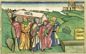 Genesi 49:28-33 La sepoltura di Giacobbe, dalla Bibbia di Norimberga (Biblia Sacra Germanaica) da German School