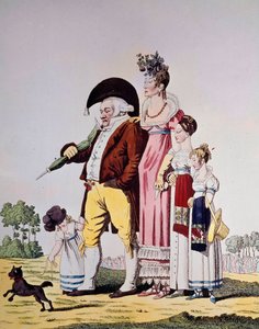 Borghesi tedeschi passeggiano la domenica Caricatura che rappresenta una famiglia tedesca in abiti domenicali. Incisione del XIX secolo. Berlino. Kunstbibliothek da German School