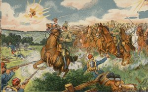 La cavalleria tedesca al comando del principe ereditario Guglielmo attacca le truppe francesi nei pressi di Longwy, in Francia, durante la Prima Guerra Mondiale. da German School