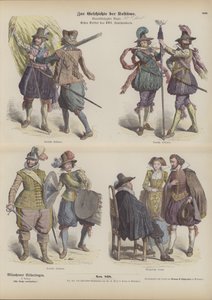 Costumi militari e borghesi tedeschi, inizio XVII secolo (incisione colorata) da German School