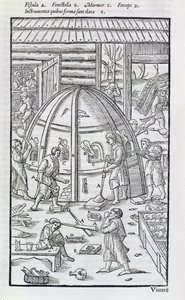 Vetreria, illustrazione che mostra il forno di marmo e i soffiatori di vetro (xilografia) da German School