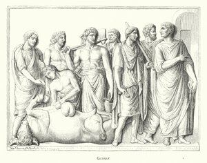 Aruspice che studia le viscere di un animale sacrificato nell