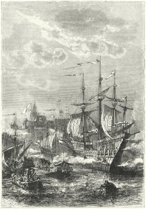 Enrico VIII e la flotta inglese che sbarcano a Calais
