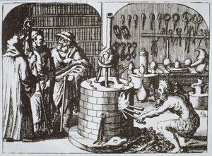 Filosofi Ermetici e un Alchimista, da Museum Hermeticum di Michael Majer (1625) illustrato in una storia della magia pubblicata alla fine del XIX secolo da German School