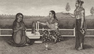 Venerazione indù dei morti, India. Illustrazione per Bilder-Atlas da German School