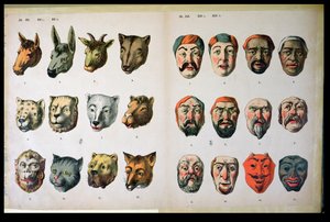 Maschere di carnevale umane e animali, pagina da un catalogo di produttori di Mannebach, Turingia, Germania, c.1865
