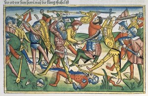 I Filistei fanno guerra contro Israele, dalla Bibbia di Norimberga (Biblia Sacra Germanaica) da German School