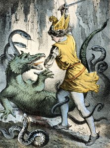 Illustrazione dei racconti di Franz Hoffmann "Racconti e Favole": "Von Wunderhold und Tausendschön" (un uomo che uccide un mostro o un drago). Cromolitografia del XIX secolo da German School